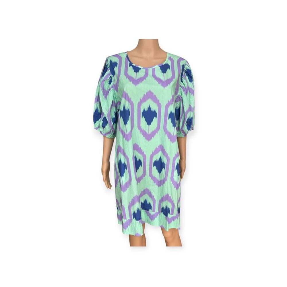 Oliphant Puff Crew Neck Dress XL Odisha Green Blue Purple Ikat Print Cotton NWT
